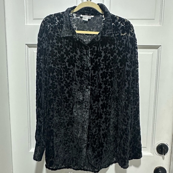 WinterSilks Black Burnout Velvet Floral Blouse Size Large Bohemian Festival - Picture 2 of 5